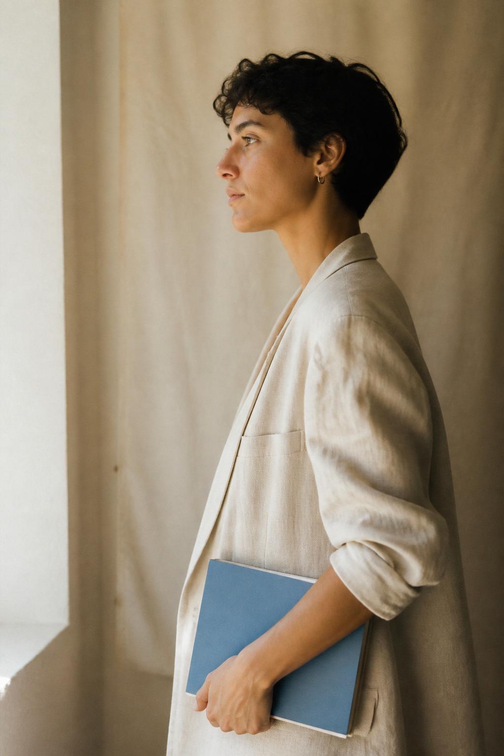 Editorial portrait of a creative professional holding a blue notebook